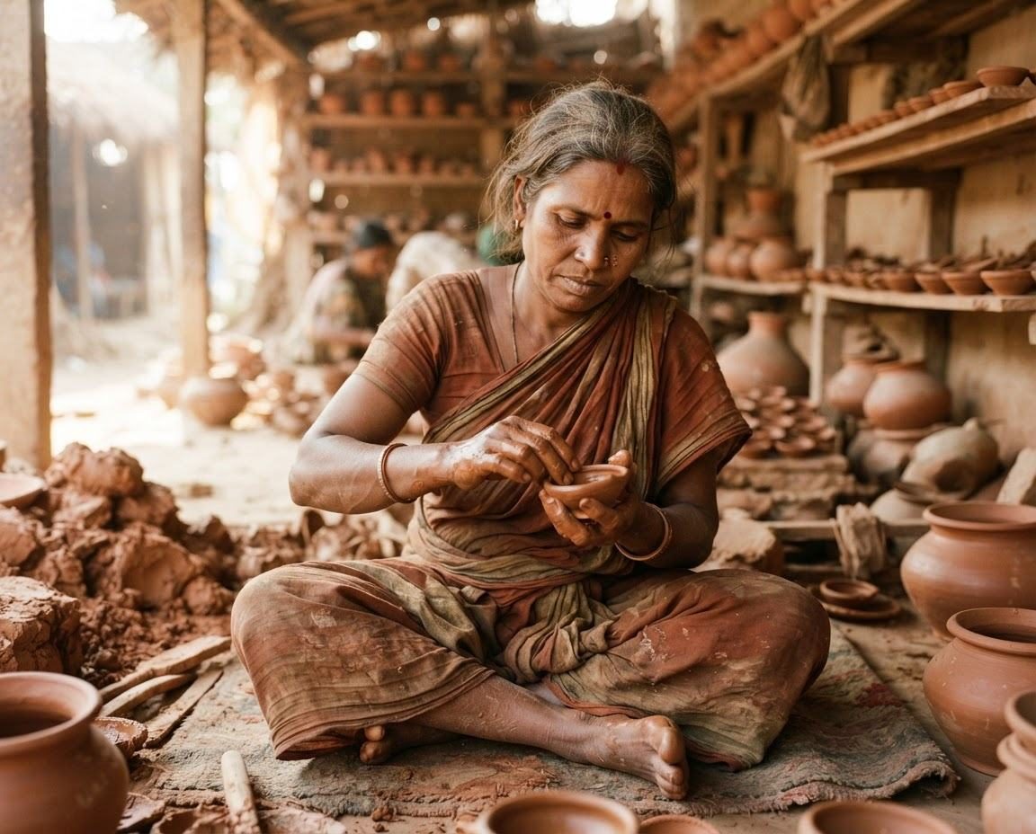 A potter shaping clay by hand in her workshop