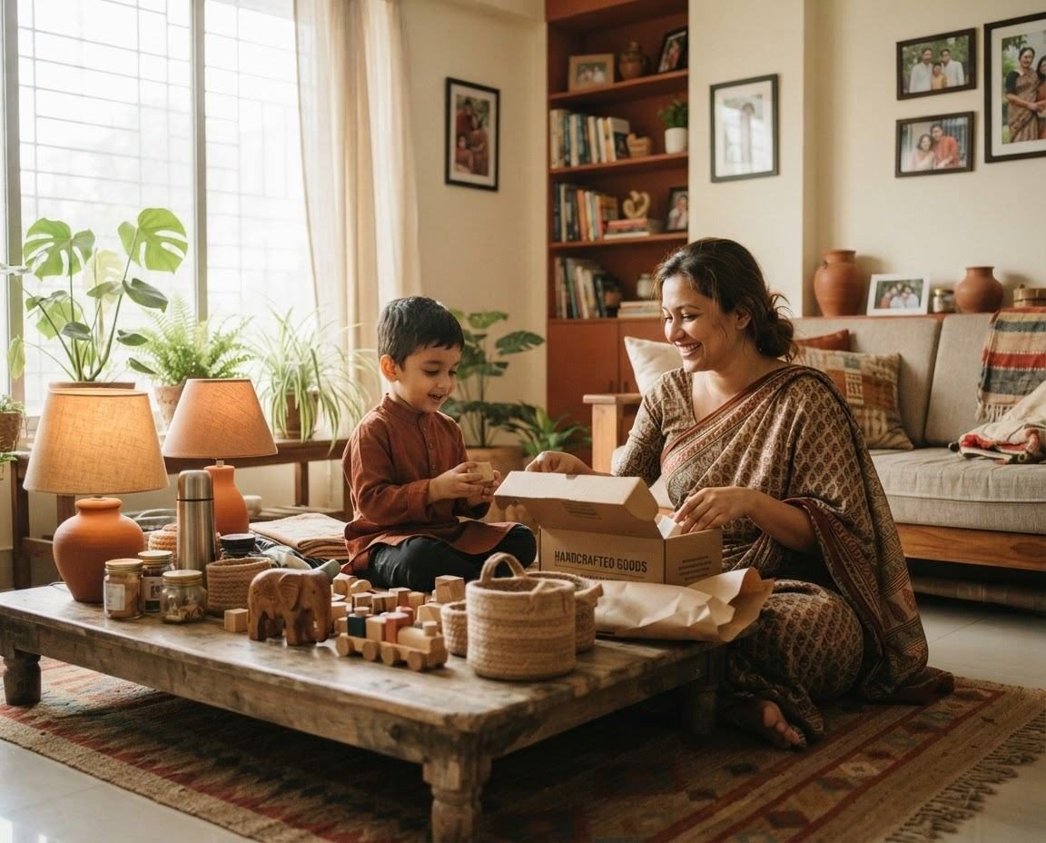 A mother and child opening a GadgetKhana parcel at a low wooden table