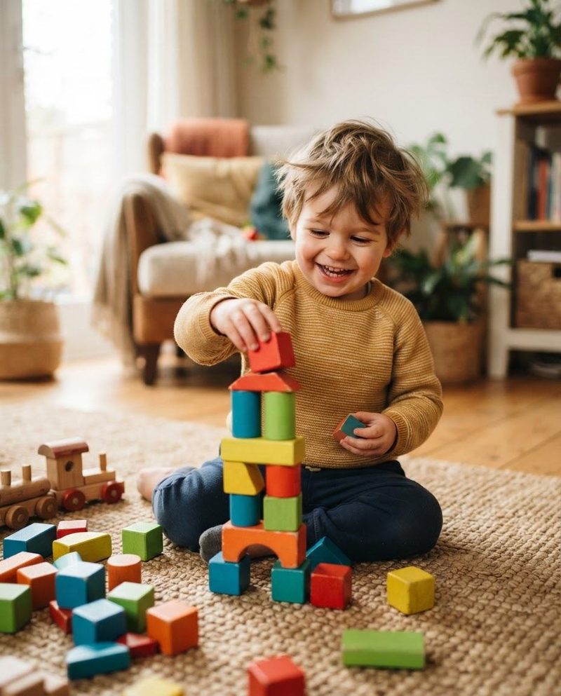 A child stacking wooden building blocks
