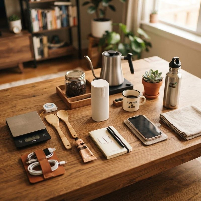 A desk laid out with small gadgets and accessories