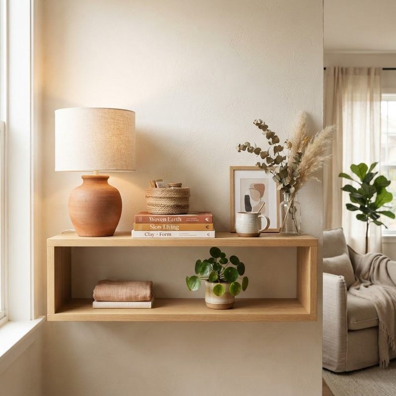 A terracotta vase and lamp styled on a wall shelf
